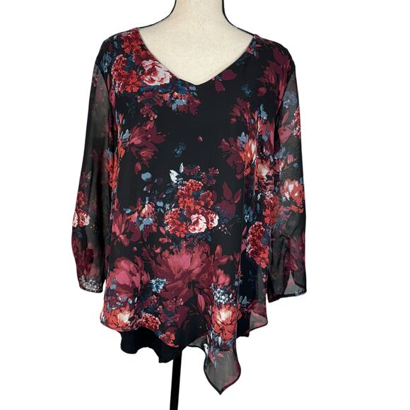 APT 9 X-Large Top Floral 3/4 Sleeve V-Neck Asymmetrical Hem Stretch Lined Multi - Picture 1 of 10